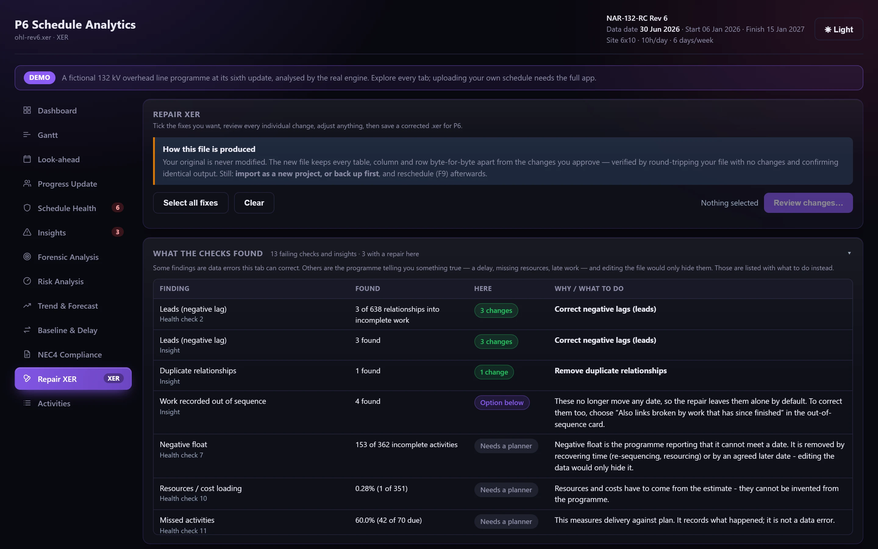 Repair XER: proposed fixes listed for review before a corrected file is written.