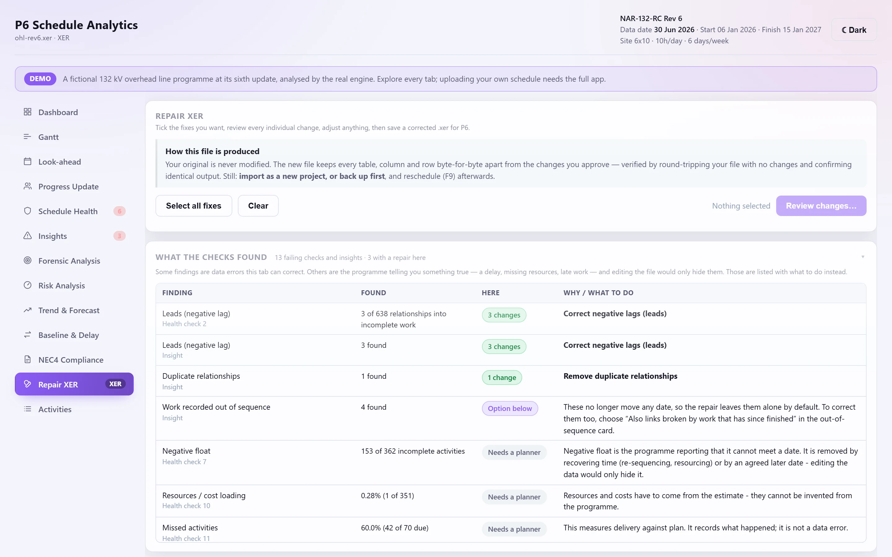 Repair XER: proposed fixes listed for review before a corrected file is written.